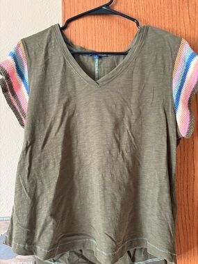 Democracy Olive V-Neck Top with Rainbow Knit Short Sleeves